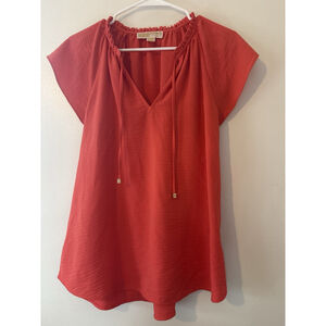 Michael Kors Coral Red Peasant Blouse Top L/G Short Sleeve V-Neck Gold Hardware